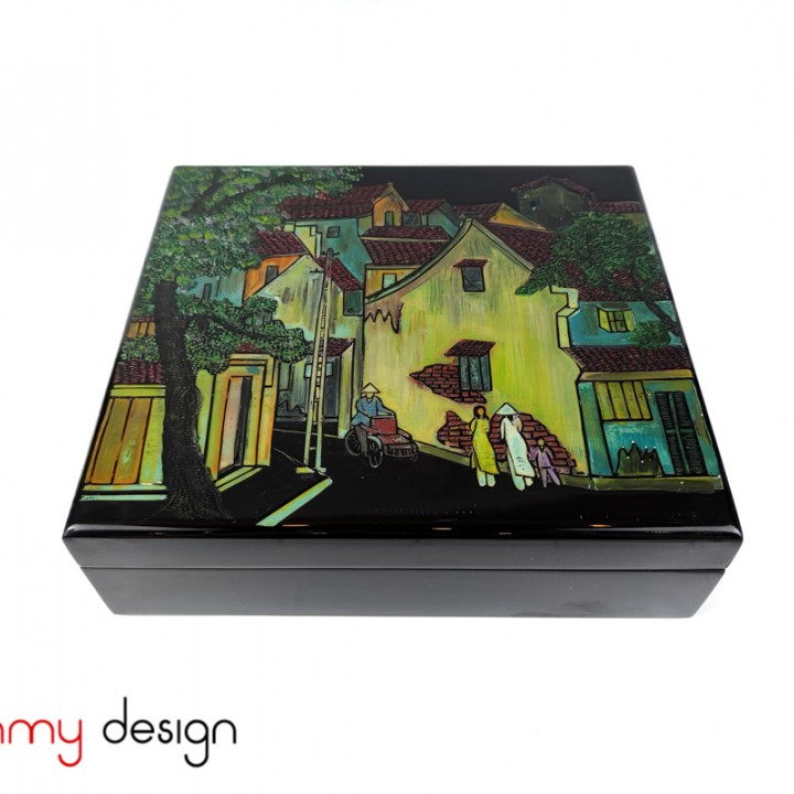 Black rectangular lacquer box engraved with Hanoi Old Quarter painting 27*30cm